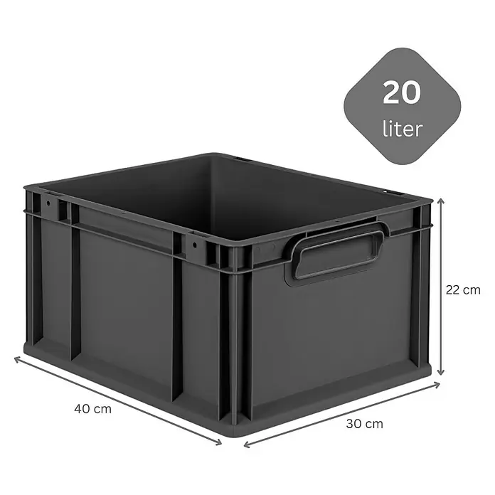 Proregal Euroboxen-Set 5x Eurobox NextGen Color mit Scharnierdeckel und Verschlüssen - Kunststoff, Schwarz, Schwarz, 5 Stk. - Abgebildete dunkelgraue 20-Liter-Kunststoffbox mit den Maßen 40x30x22 cm, ideal für Lagerung und Organisation.