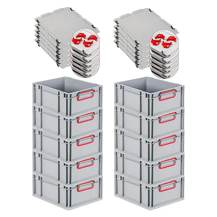 Proregal Euroboxen-Set 10x Eurobox NextGen Color mit Auflagedeckel und Schiebeschnappverschlüsse - L x B x H: 40 x 30 x 17 cm, Kunststoff, Grau, Rot, 10 Stk. - Stapelweise Lagerung: Graue Kunststoffboxen und Deckel mit roten Griffen für effiziente Organisation und Transport.