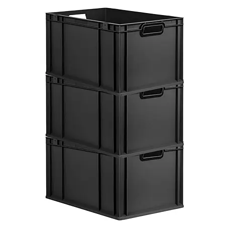 SuperSparSet 3x Eurobox NextGen Color | HxBxT 32x40x60cm | 65 Liter | Griffe schwarz offen | Verstärkter Boden | Schwarz | Eurobehälter, Transportbox, Transportbehälter, Stapelbehälter