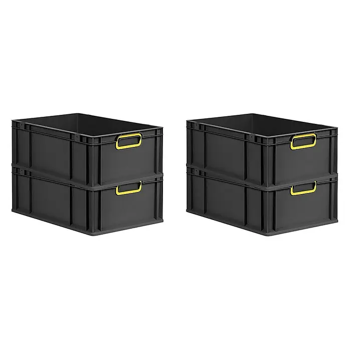 Proregal Euroboxen-Set 4x Eurobox NextGen Color - L x B x H: 60 x 40 x 22 cm, Kunststoff, Schwarz, Gelb, 4 Stk. - Zwei Stapel schwarzer Kunststoffkisten mit gelben Griffen, die sich ideal für Lagerung und Organisation eignen.
