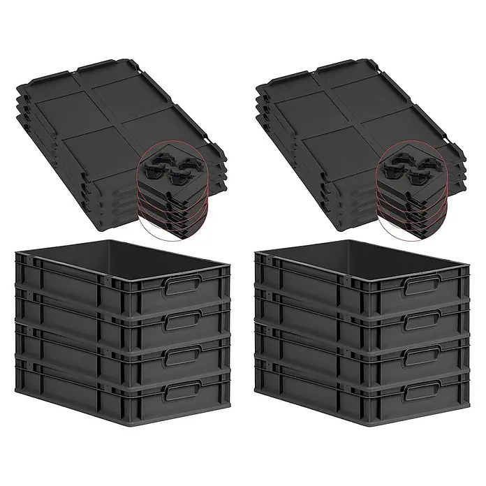 SuperSparSet 8x Eurobox NextGen Grip mit Auflagedeckel inkl. 4 schwarzen Schiebeschnappverschlüssen | HxBxT 12x40x60cm | 23 Liter | Schwarz | Griffe geschlossen | Eurobehälter, Transportbox, Transportbehälter, Stapelbehälter -  - Schwarze Kunststoffboxen und Deckel im Stapel, ideal für Lagerung und Organisation.