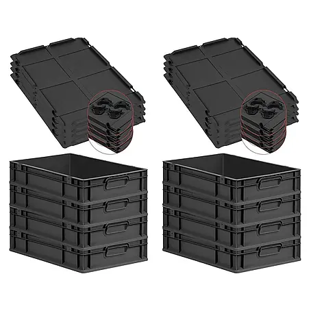 SuperSparSet 8x Eurobox NextGen Grip mit Auflagedeckel inkl. 4 schwarzen Schiebeschnappverschlüssen | HxBxT 12x40x60cm | 23 Liter | Schwarz | Griffe geschlossen | Eurobehälter, Transportbox, Transportbehälter, Stapelbehälter