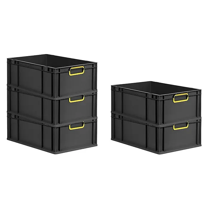 Proregal Euroboxen-Set 4x Eurobox NextGen Color - L x B x H: 60 x 40 x 22 cm, Kunststoff, Schwarz, Gelb, 4 Stk. - Das Bild zeigt eine Nahaufnahme von grauen Kunststoffboxen mit gelben Griffen, die gestapelt sind, was eine praktische Aufbewahrungslösung darstellt.