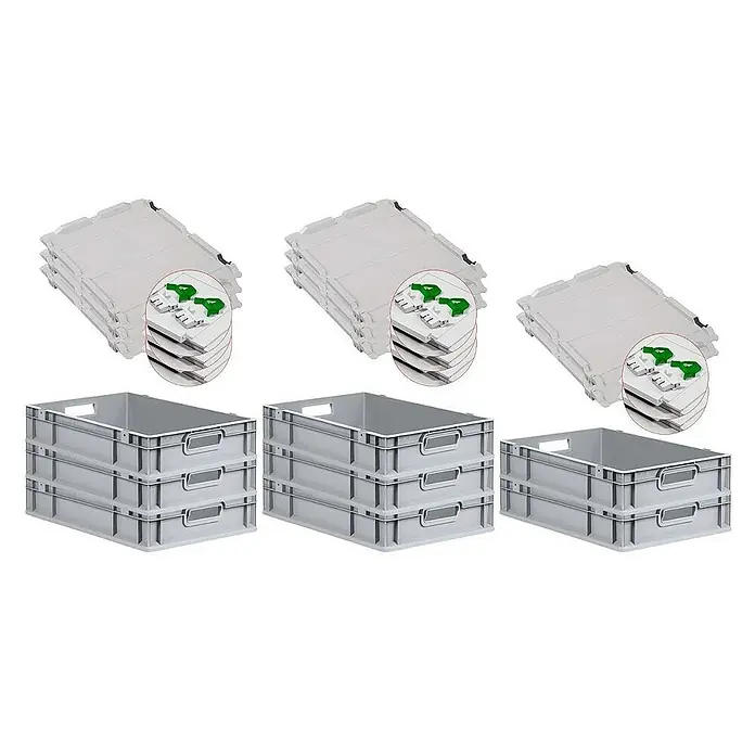 Proregal Euroboxen-Set 8x Eurobox NextGen Grip mit Scharnierdeckel und grünen Verschlüssen - L x B x H: 60 x 40 x 12 cm, Kunststoff, Grau, 8 Stk. - Abbildung von drei Stapeln grauer Kunststoffbehälter mit passenden Deckeln. Ideal für Lagerung und Transport, robust und platzsparend.