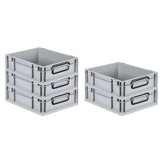 Proregal Euroboxen-Set 5x Eurobox NextGen Color - L x B x H: 40 x 30 x 12 cm, Kunststoff, Grau, Schwarz, 5 Stk. - Graue Kunststoffbehälter im Stapel. Die Boxen verfügen über Griffe mit schwarzen Gummierungen für einen einfachen Transport.