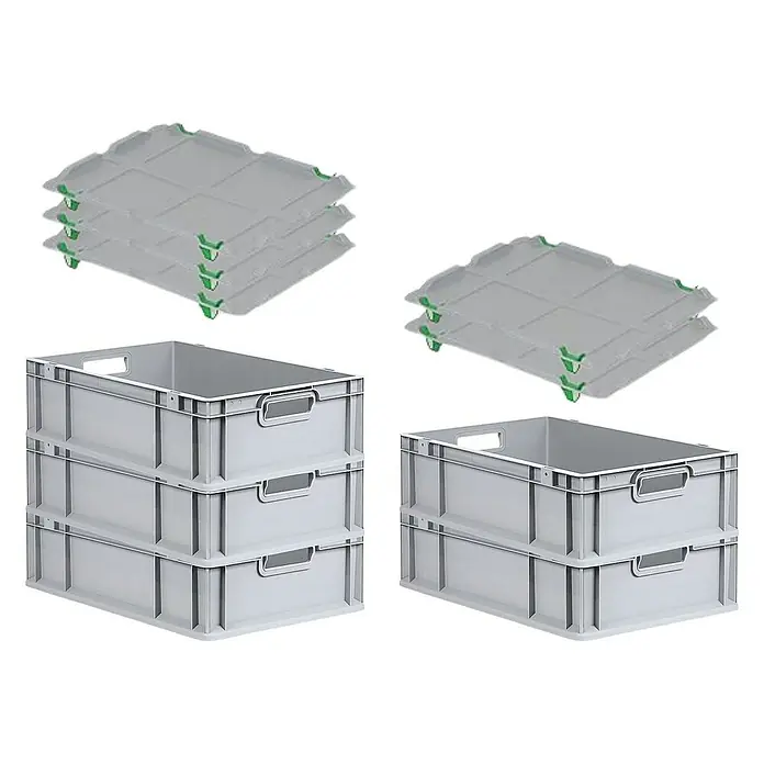 Proregal Euroboxen-Set 5x Eurobox NextGen Grip mit Auflagedeckel inkl. 4 grünen Verschlüssen - L x B x H: 60 x 40 x 17 cm, Kunststoff, Grau, 5 Stk. - Stapelbare Lagerkisten und Deckel: Robuste Aufbewahrungslösung für Lager und Transport, inklusive passender Deckel mit grünen Verschlüssen.