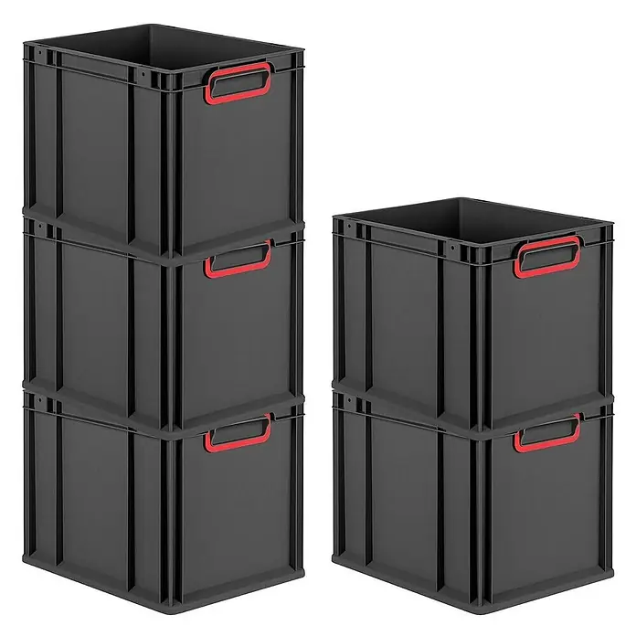 Proregal Euroboxen-Set 5x Eurobox NextGen Color - Kunststoff, Schwarz, Rot, 5 Stk. - Graue Kunststoffboxen mit roten Griffen gestapelt. Praktische Aufbewahrungslösung für diverse Gegenstände im Haushalt oder im Büro.