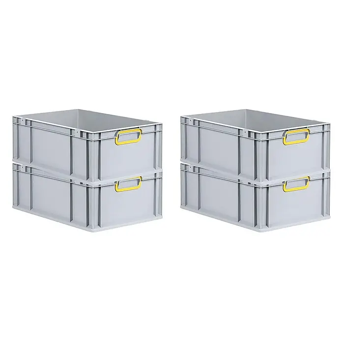 Proregal Euroboxen-Set 4x Eurobox NextGen Color - L x B x H: 60 x 40 x 22 cm, Kunststoff, Grau, Gelb, 4 Stk. - Zwei Stapel grauer Kunststoffboxen mit gelben Griffen, ideal für Lagerung und Transport. Robuste und praktische Aufbewahrungslösung.