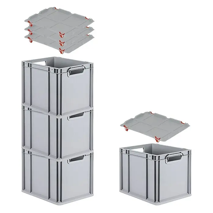 Proregal Euroboxen-Set 4x Eurobox NextGen Economy mit Auflagedeckel und 4x Verschlüsse Rot - Kunststoff, Grau, 4 Stk. - Graue Kunststoffboxen mit Deckeln. Stapel aus drei Boxen links und einzelne Box mit Deckel rechts, sowie Deckelstapel.