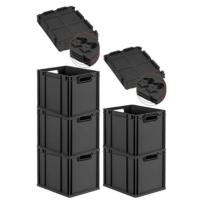 Proregal Euroboxen-Set 5x Eurobox NextGen Color mit Scharnierdeckel und Verschlüssen - L x B x H: 40 x 30 x 32 cm, Kunststoff, Schwarz, Schwarz, 5 Stk. - Ein Stapel von schwarzen Aufbewahrungsboxen und dazugehörigen flachen Deckeln mit Befestigungsdetails, ideal für Organisation.