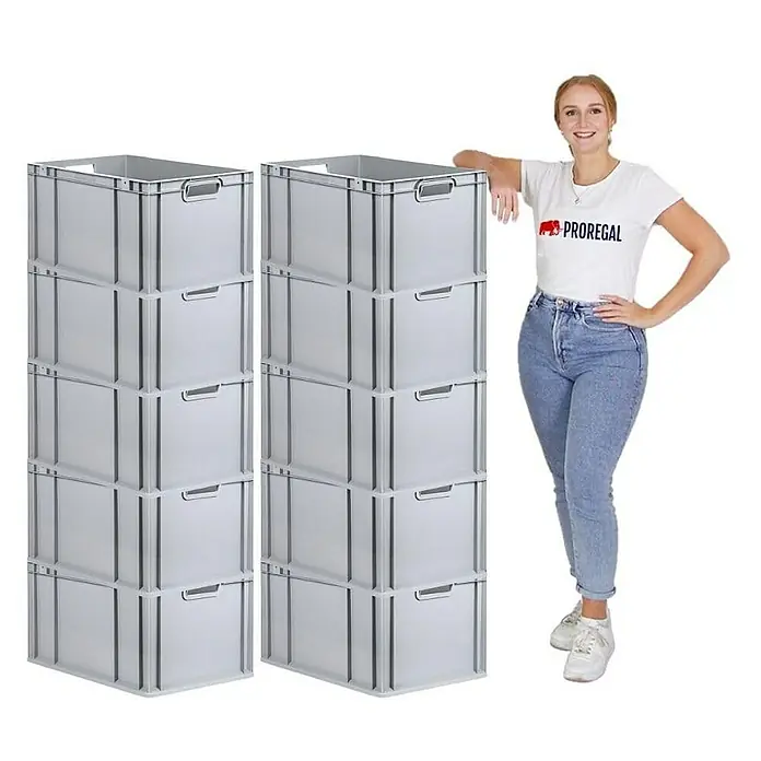 Proregal Euroboxen-Set 10x Eurobox NextGen Economy mit Scharnierdeckel und gelben Verschlüssen - L x B x H: 60 x 40 x 32 cm, Kunststoff, Grau, 10 Stk. - Abbildung von zwei Stapeln grauer Lagerbehälter aus Kunststoff, die viel Stauraum bieten und sich ideal für die Organisation eignen.