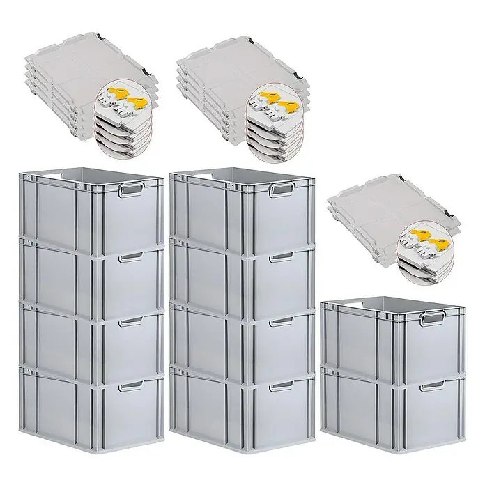 Proregal Euroboxen-Set 10x Eurobox NextGen Economy mit Scharnierdeckel und gelben Verschlüssen - L x B x H: 60 x 40 x 32 cm, Kunststoff, Grau, 10 Stk. - Abbildung von drei Stapeln grauer Kunststoffboxen und drei Stapeln transparenter Kunststoffdeckel.