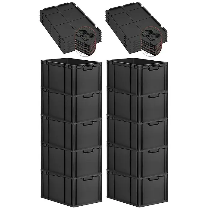 Proregal Euroboxen-Set 10x Eurobox NextGen Color mit Scharnierdeckel und Verschlüssen - L x B x H: 60 x 40 x 32 cm, Kunststoff, Schwarz, Schwarz, 10 Stk. - Gestapelte schwarze Kunststoffboxen mit Deckeln, ideal zur Aufbewahrung. Robuste Bauweise für vielseitige Einsatzmöglichkeiten im Lager oder zu Hause.