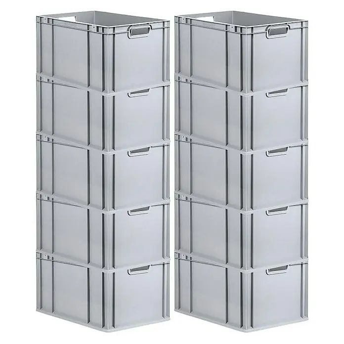 Proregal Euroboxen-Set 10x Eurobox NextGen Economy mit Scharnierdeckel und gelben Verschlüssen - L x B x H: 60 x 40 x 32 cm, Kunststoff, Grau, 10 Stk. - Zwei Stapel grauer Kunststoffbehälter mit Griffen. Die Boxen sind übereinander gestapelt und bieten Stauraum.