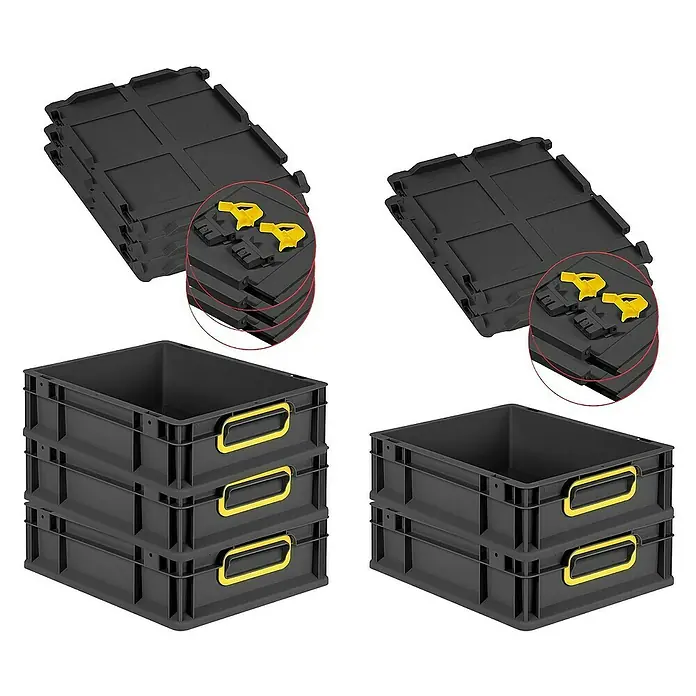 Proregal Euroboxen-Set 5x Eurobox NextGen Color mit Scharnierdeckel und Verschlüssen - L x B x H: 40 x 30 x 12 cm, Kunststoff, Schwarz, Gelb, 5 Stk. - Schwarze Eurobehälter mit gelben Griffen, stapelbar und ideal für Lagerung und Transport. Robust und vielseitig einsetzbar.