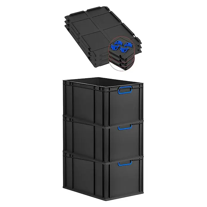 Proregal Euroboxen-Set 3x Eurobox NextGen Color mit Auflagedeckel und Schiebeschnappverschlüsse - L x B x H: 60 x 40 x 32 cm, Kunststoff, Schwarz, Blau, 3 Stk. - Schwarze Lagerboxen mit blauen Griffen. Die Boxen sind gestapelt und einige sind flach mit blauen Befestigungen für den Transport.