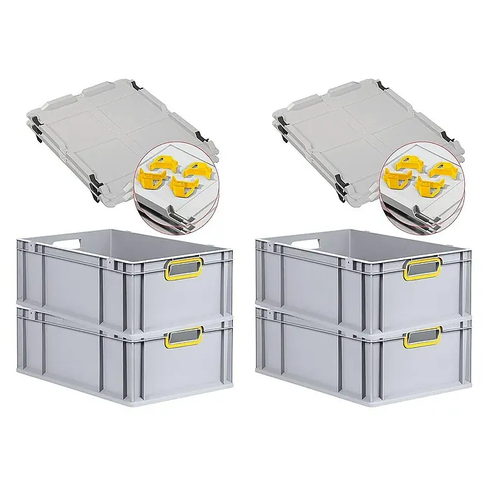Proregal Euroboxen-Set 4x Eurobox NextGen Color mit Auflagedeckel und Schiebeschnappverschlüsse - L x B x H: 60 x 40 x 22 cm, Kunststoff, Grau, Gelb, 4 Stk. - Produktabbildung von zwei grauen Kunststoffboxen, zwei grauen Deckeln und vier gelben Halterungen.