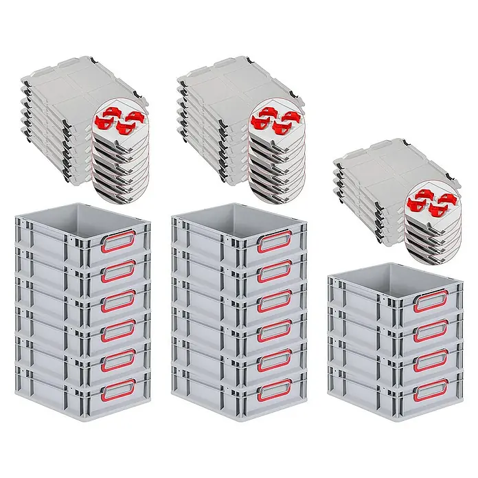 Proregal Euroboxen-Set 16x Eurobox NextGen Color mit Auflagedeckel und Schiebeschnappverschlüsse - L x B x H: 40 x 30 x 12 cm, Kunststoff, Grau, Rot, 16 Stk. - Graue Kunststoffbehälter mit roten Griffen und passenden Deckeln, ideal für Lagerung und Transport.