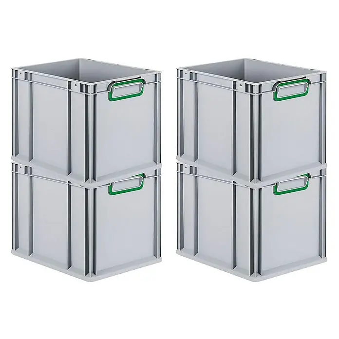 Proregal Euroboxen-Set 4x Eurobox NextGen Color - Kunststoff, Grau, Grün, 4 Stk. - Zwei Stapel mit je zwei hellgrauen Kunststoffboxen mit grünen Griffen. Ideal für Lagerung und Transport.