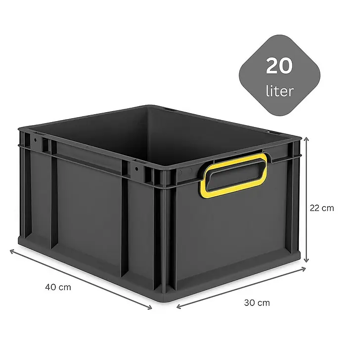 Proregal Euroboxen-Set 8x Eurobox NextGen Color - Kunststoff, Schwarz, Gelb, 8 Stk. - Produktfoto einer grauen 20-Liter-Kunststoffbox mit gelben Griffen und den Maßen 40 x 30 x 22 cm.