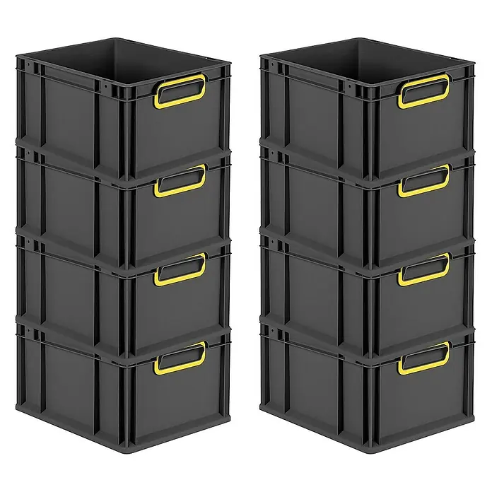 Proregal Euroboxen-Set 8x Eurobox NextGen Color - Kunststoff, Schwarz, Gelb, 8 Stk. - Zwei Stapel grauer Kunststoffkisten mit gelben Griffen, ideal für Lagerung und Organisation.
