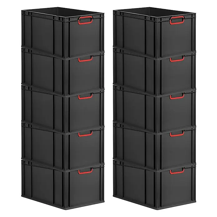 Proregal Euroboxen-Set 10x Eurobox NextGen Color - L x B x H: 60 x 40 x 32 cm, Kunststoff, Schwarz, Rot, 10 Stk. - Zwei Stapel schwarzer Aufbewahrungsboxen mit roten Griffen, ideal für Ordnung und Lagerung im Haushalt oder Büro.