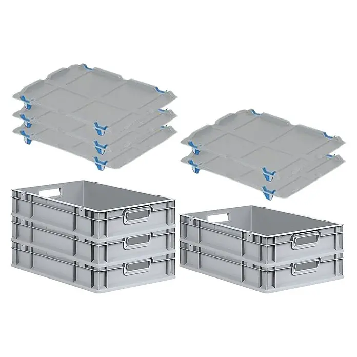 Proregal Euroboxen-Set 5x Eurobox NextGen Grip mit Auflagedeckel inkl. 4 blauen Verschlüssen - L x B x H: 60 x 40 x 12 cm, Kunststoff, Grau, 5 Stk. - Graue Kunststoffbehälter mit Deckeln. Vielseitige Lagerlösung mit stabilen Behältern und passenden Deckeln für effiziente Organisation.