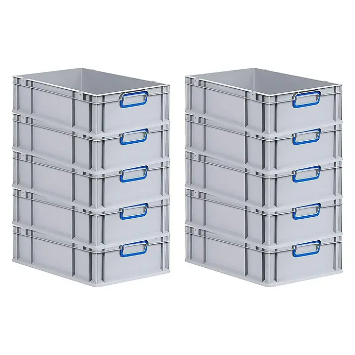 Proregal Euroboxen-Set 10x Eurobox NextGen Color - L x B x H: 60 x 40 x 17 cm, Kunststoff, Grau, Blau, 10 Stk. - Zwei Stapel grauer Kunststoffbehälter mit blauen Griffen. Ideal für Lagerung und Organisation, robust und vielseitig einsetzbar.