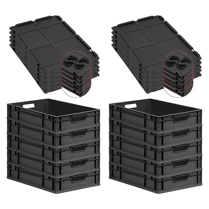 SparSet 10x Eurobox NextGen Grip mit Auflagedeckel inkl. 4 schwarzen Schiebeschnappverschlüssen | HxBxT 12x40x60cm | 23 Liter | Schwarz | Griffe offen | Eurobehälter, Transportbox, Transportbehälter, Stapelbehälter -  - Stapelbare Aufbewahrungsboxen und Deckel für eine ordentliche Organisation. Ideal für Zuhause, Büro oder Lager. Robuste Qualität für vielseitige Nutzung.