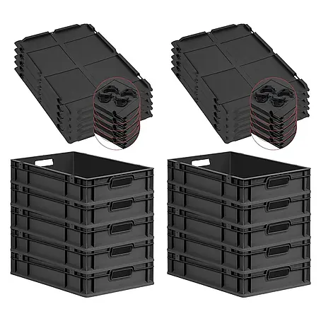 SparSet 10x Eurobox NextGen Grip mit Auflagedeckel inkl. 4 schwarzen Schiebeschnappverschlüssen | HxBxT 12x40x60cm | 23 Liter | Schwarz | Griffe offen | Eurobehälter, Transportbox, Transportbehälter, Stapelbehälter
