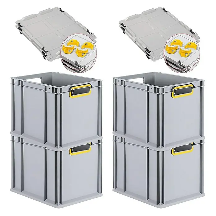 Proregal Euroboxen-Set 4x Eurobox NextGen Color mit Auflagedeckel und Schiebeschnappverschlüsse - Kunststoff, Grau, Gelb, 4 Stk. - Graue stapelbare Eurobehälter mit gelben Griffen und passenden Deckeln. Ideal für Lagerung und Transport von Waren aller Art.