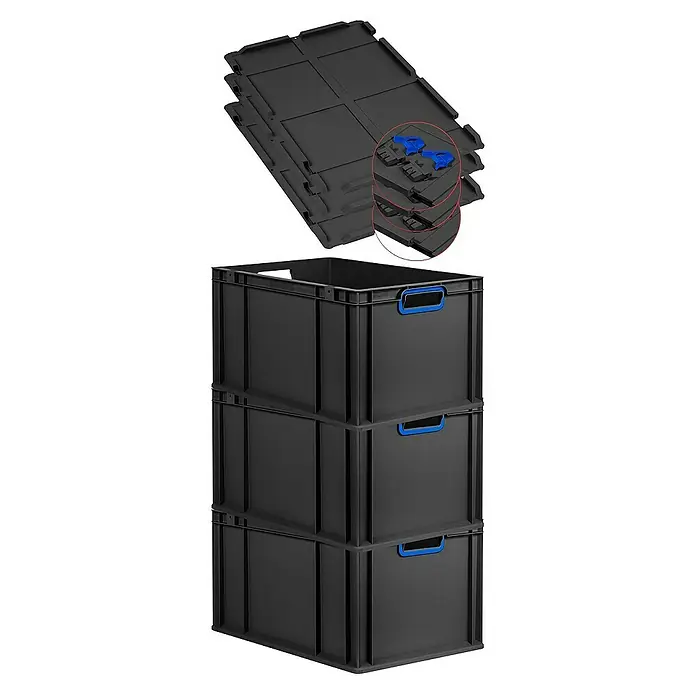 Proregal Euroboxen-Set 3x Eurobox NextGen Color mit Scharnierdeckel und Verschlüssen - L x B x H: 60 x 40 x 32 cm, Kunststoff, Schwarz, Blau, 3 Stk. - Stapelbare, schwarze Kunststoffboxen und zugehörige Deckel mit blauen Details, die eine praktische Aufbewahrungslösung bieten.
