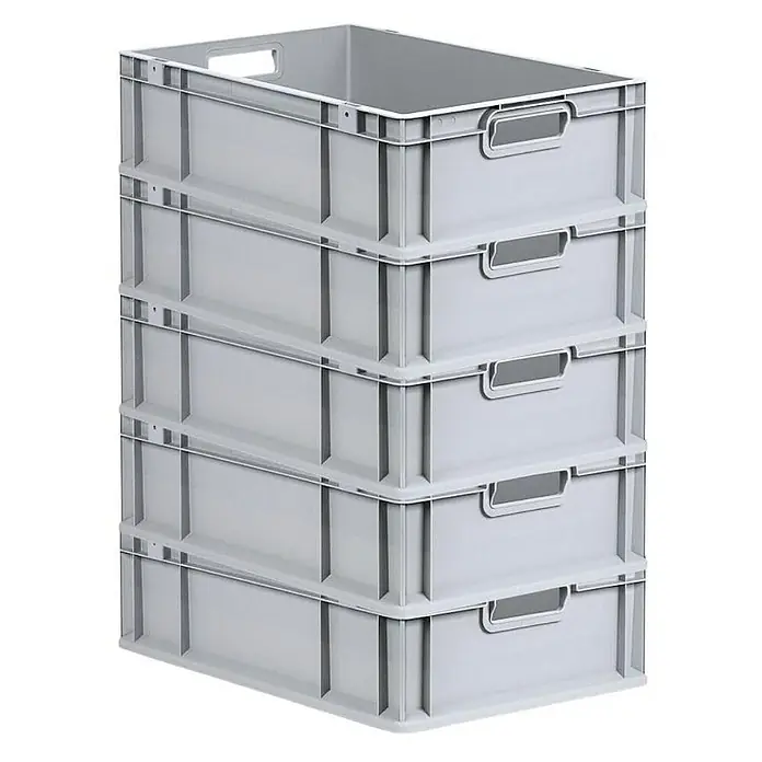 Proregal Euroboxen-Set 5x Eurobox NextGen Economy mit Scharnierdeckel und grünen Verschlüssen - L x B x H: 60 x 40 x 17 cm, Kunststoff, Grau, 5 Stk. - Stapel aus fünf grauen Eurobehältern aus Kunststoff mit praktischen Griffen für Lagerung und Transport.