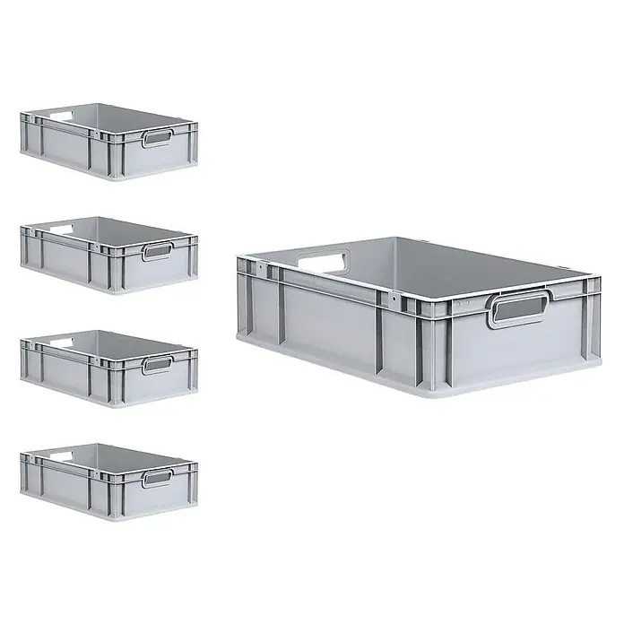 Proregal Euroboxen-Set 5x Eurobox NextGen Economy mit Scharnierdeckel und grünen Verschlüssen - L x B x H: 60 x 40 x 17 cm, Kunststoff, Grau, 5 Stk. - Das Bild zeigt fünf graue Kunststoffbehälter mit Griffen, die sich ideal für Lagerung und Organisation eignen.