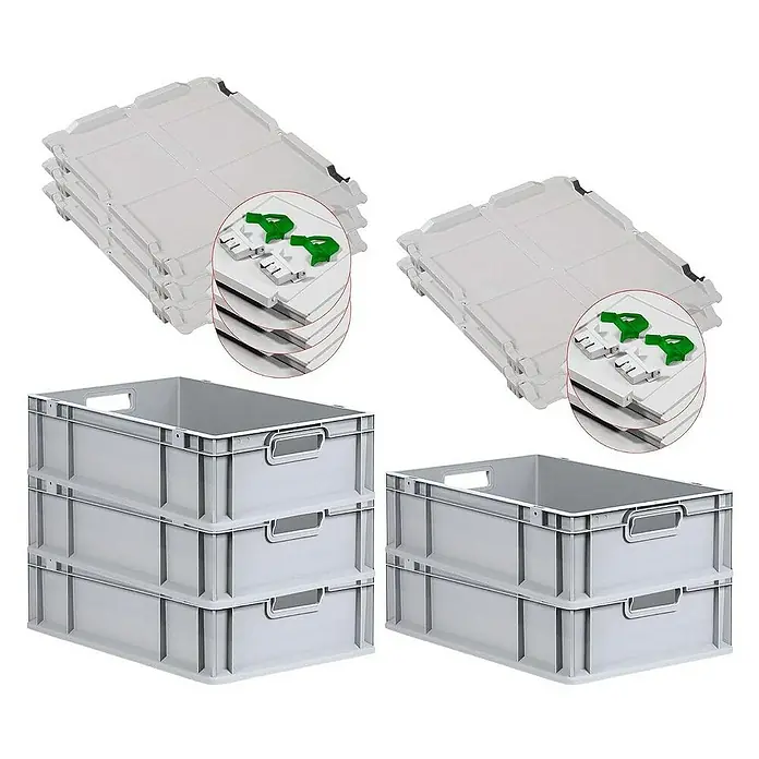 Proregal Euroboxen-Set 5x Eurobox NextGen Economy mit Scharnierdeckel und grünen Verschlüssen - L x B x H: 60 x 40 x 17 cm, Kunststoff, Grau, 5 Stk. - Mehrere graue Eurobehälter mit Griffen, gestapelt und Deckel. Robuste und stapelbare Behälter für Lagerung und Transport.