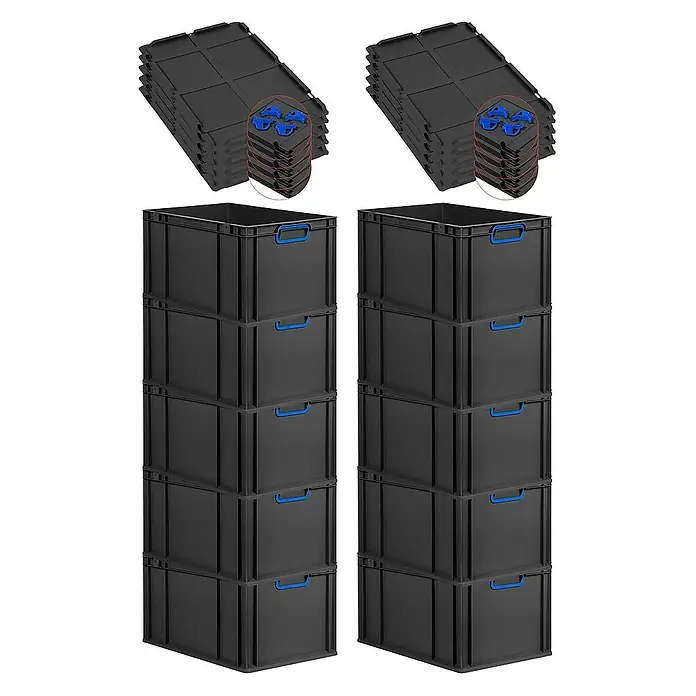 Proregal Euroboxen-Set 10x Eurobox NextGen Color mit Auflagedeckel und Schiebeschnappverschlüsse - L x B x H: 60 x 40 x 32 cm, Kunststoff, Schwarz, Blau, 10 Stk. - Schwarze Kunststoffboxen mit Deckeln und blauen Griffen, ideal für Lagerung und Organisation. Praktisches Set für vielfältige Anwendungen.