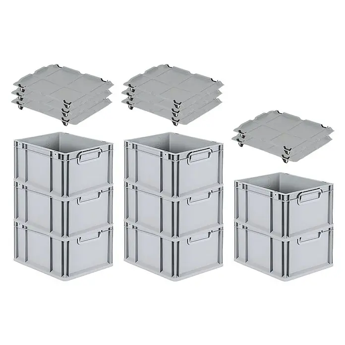 Proregal Euroboxen-Set 8x Eurobox NextGen Economy mit Auflagedeckel und 4x Verschlüsse Schwarz - Kunststoff, Grau, 8 Stk. - Ein Bild von grauen Eurobehältern und Deckeln, die in Dreierstapeln angeordnet sind. Sie eignen sich ideal für Lagerung, Transport und Organisation.