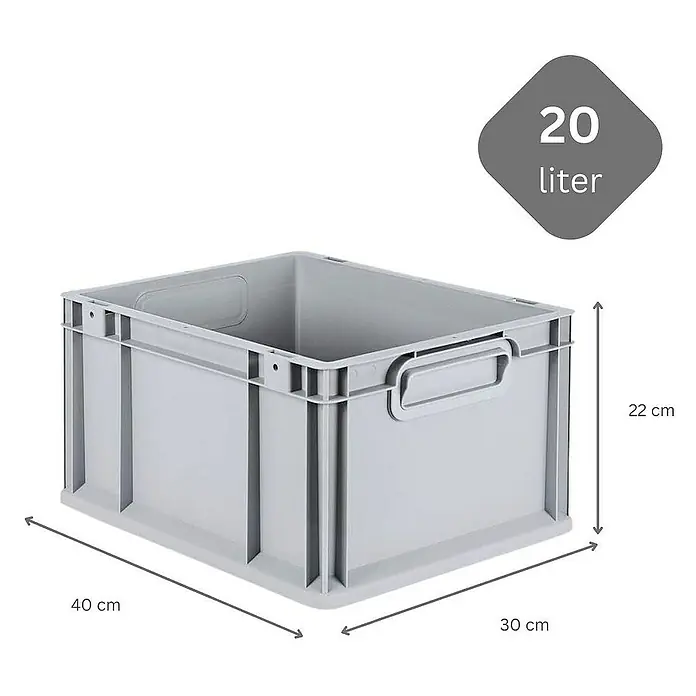 Proregal Euroboxen-Set 8x Eurobox NextGen Economy mit Auflagedeckel und 4x Verschlüsse Schwarz - Kunststoff, Grau, 8 Stk. - Graue Kunststoffbox mit den Maßen 40 x 30 x 22 cm und einem Fassungsvermögen von 20 Litern zur Lagerung und Organisation.