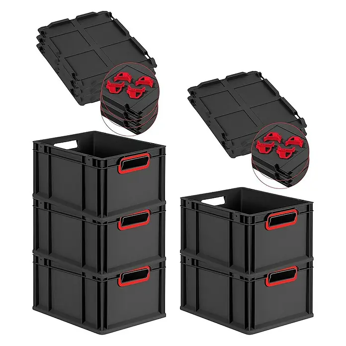 Proregal Euroboxen-Set 5x Eurobox NextGen Color mit Auflagedeckel und Schiebeschnappverschlüsse - L x B x H: 40 x 30 x 22 cm, Kunststoff, Schwarz, Rot, 5 Stk. - Bild von schwarzen Kunststoffboxen mit roten Griffen und Deckeln. Die robusten Boxen sind ideal für Lagerung und Transport.