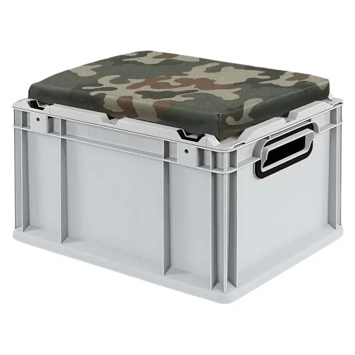 Proregal Euroboxen-Set 6x Eurobox NextGen Seat Box Camouflage - L x B x H: 40 x 30 x 26,5 cm, Kunststoff, Grau, Camouflage, 6 Stk. - Ein grauer Kunststoffbehälter mit Tarnmusterkissen dient als praktische und stilvolle Aufbewahrungslösung. Ideal für Ordnungsliebhaber.