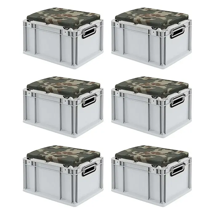 Proregal Euroboxen-Set 6x Eurobox NextGen Seat Box Camouflage - L x B x H: 40 x 30 x 26,5 cm, Kunststoff, Grau, Camouflage, 6 Stk. - Sechs weiße Aufbewahrungsboxen mit gepolsterten Sitzen in Tarnfarben. Perfekt für die Organisation und als Sitzgelegenheit.