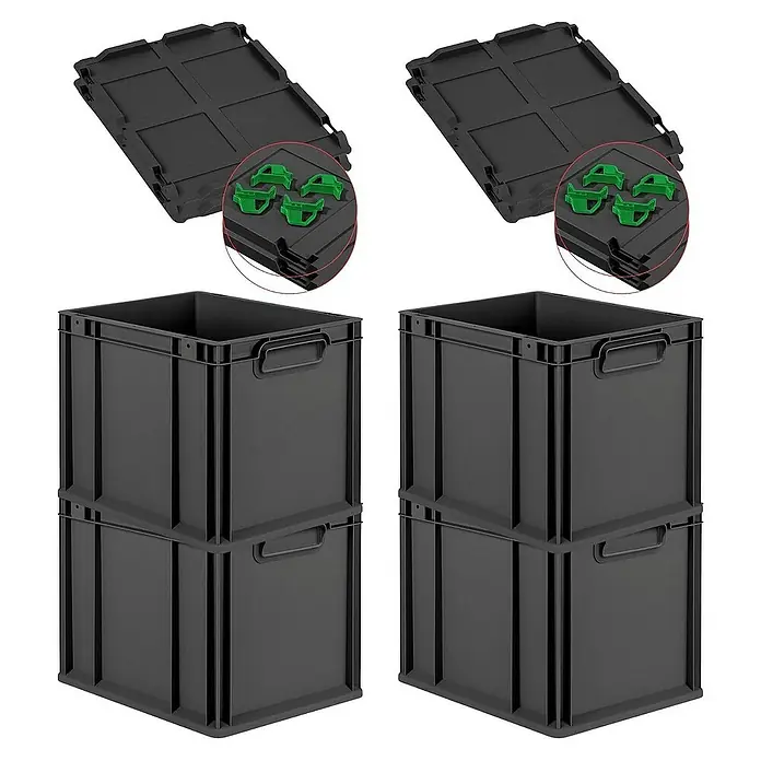 Proregal Euroboxen-Set 4x Eurobox NextGen Grip mit Auflagedeckel inkl. 4 grünen Verschlüssen - Kunststoff, Schwarz, 4 Stk. - Zwei Stapel mit je zwei schwarzen Euroboxen und zwei Eurobox-Deckel mit grünen Verriegelungsklammern.