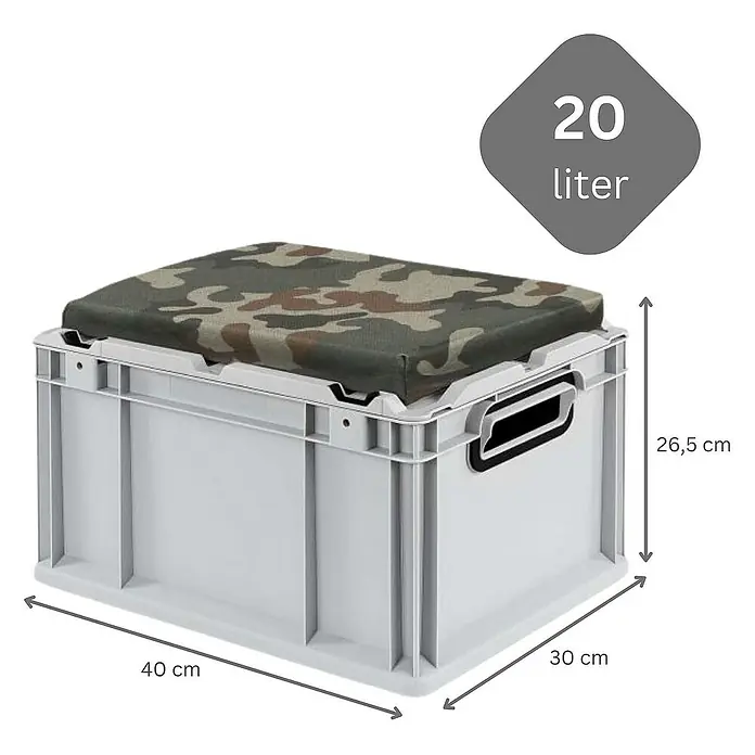 Proregal Euroboxen-Set 6x Eurobox NextGen Seat Box Camouflage - L x B x H: 40 x 30 x 26,5 cm, Kunststoff, Grau, Camouflage, 6 Stk. - Bild eines 20-Liter-Aufbewahrungsbehälters mit Camouflage-Sitzkissen, Maße: 40 cm x 30 cm x 26,5 cm.
