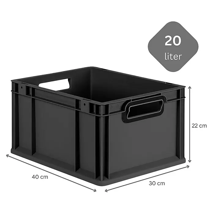 SparSet 5x Eurobox NextGen Color mit Auflagedeckel und Schiebeschnappverschlüsse | HxBxT 22x30x40cm | 20 Liter | Schwarz | Griffe schwarz offen | Glatter Boden | Eurobehälter, Transportbox, Transportbehälter, Stapelbehälter -  - Schwarze Kunststoffbox mit den Maßen 40x30x22 cm und einem Volumen von 20 Litern, ideal für Lagerung und Organisation.