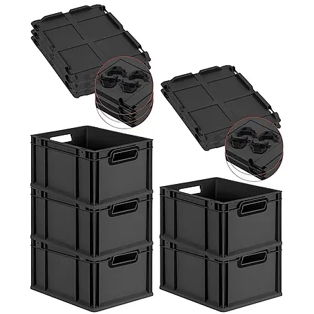 SparSet 5x Eurobox NextGen Color mit Auflagedeckel und Schiebeschnappverschlüsse | HxBxT 22x30x40cm | 20 Liter | Schwarz | Griffe schwarz offen | Glatter Boden | Eurobehälter, Transportbox, Transportbehälter, Stapelbehälter