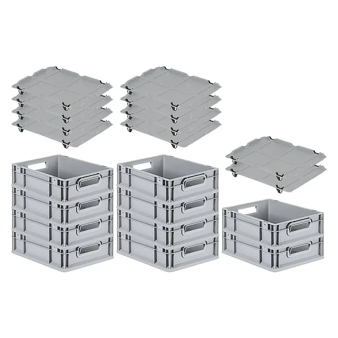 Proregal Euroboxen-Set 10x Eurobox NextGen Economy mit Auflagedeckel und 4x Verschlüsse Schwarz - Kunststoff, Grau, 10 Stk. - Graue Lagerboxen und zugehörige Deckel zur Aufbewahrung und Organisation von Gegenständen im Lager oder Büro.