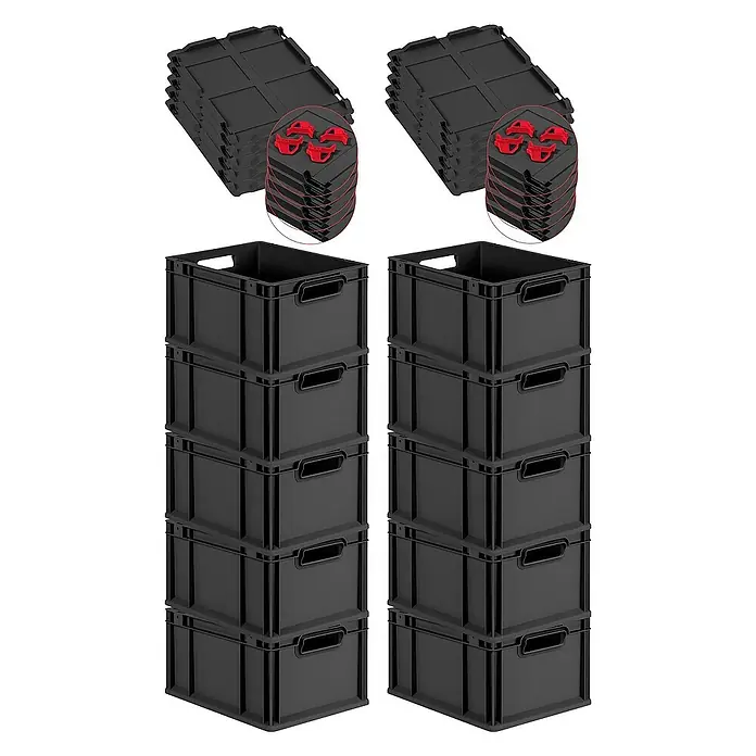Proregal Euroboxen-Set 10x Eurobox NextGen Grip mit Auflagedeckel inkl. 4 roten Verschlüssen - L x B x H: 40 x 30 x 22 cm, Kunststoff, Schwarz, 10 Stk. - Schwarze Kunststoffboxen und Deckel-Sets, ideal für Organisation und Lagerung.