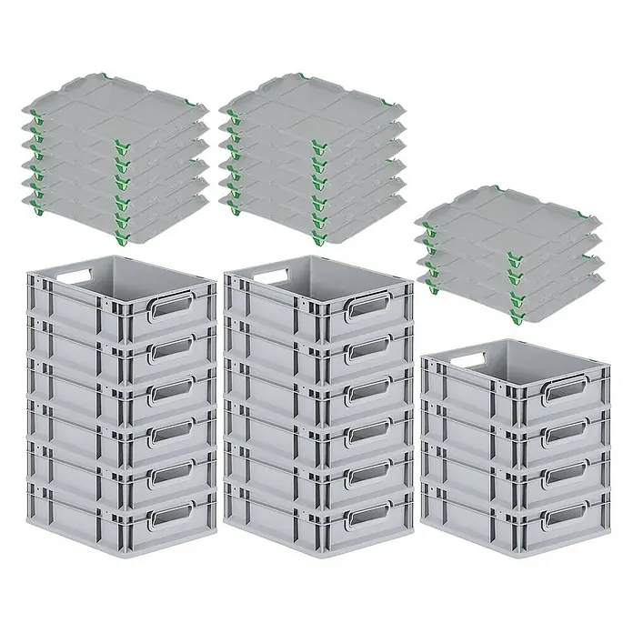 Proregal Euroboxen-Set 16x Eurobox NextGen Economy mit Auflagedeckel und 4x Verschlüsse Grün - L x B x H: 40 x 30 x 12 cm, Kunststoff, Grau, 16 Stk. - Bild von grauen Eurobehältern und Deckeln, die für Lagerung und Transport verwendet werden, gestapelt und bereit für den Einsatz.