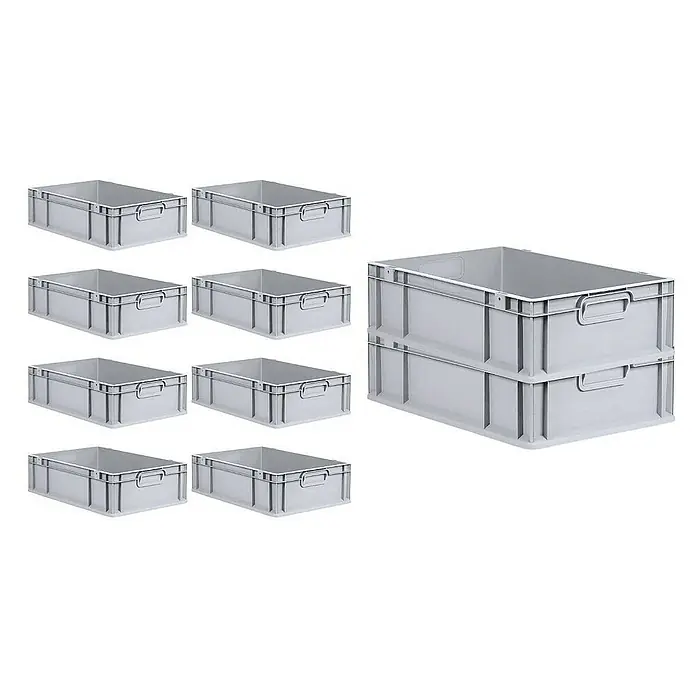 Proregal Euroboxen-Set 10x Eurobox NextGen Grip mit Scharnierdeckel und gelben Verschlüssen - L x B x H: 60 x 40 x 17 cm, Kunststoff, Grau, 10 Stk. - Ein Bild von mehreren grauen Lagerboxen aus Kunststoff. Ideal für Lagerung & Organisation.