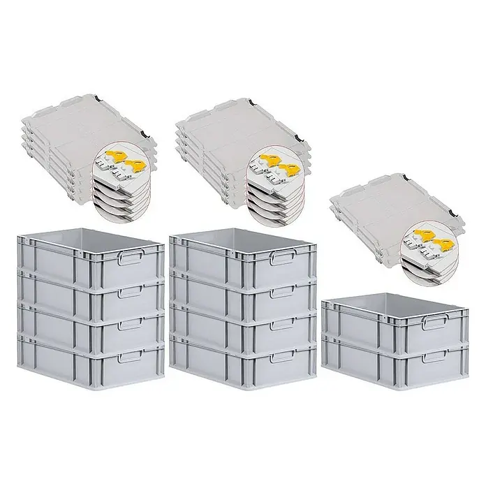 Proregal Euroboxen-Set 10x Eurobox NextGen Grip mit Scharnierdeckel und gelben Verschlüssen - L x B x H: 60 x 40 x 17 cm, Kunststoff, Grau, 10 Stk. - Graue Kunststoffbehälter und Deckel in Stapeln, ideal für Lagerung und Transport.